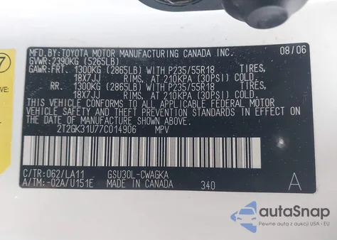 2007 Lexus Rx 350 z USA, uszkodzony, nr VIN 2T2GK31U77C014906